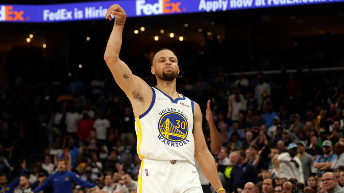 Golden State Warriors guard Stephen Curry (30) reacts after making a three point basket during the second half in game two of the second round for the 2022 NBA playoffs against the Memphis Grizzlies.